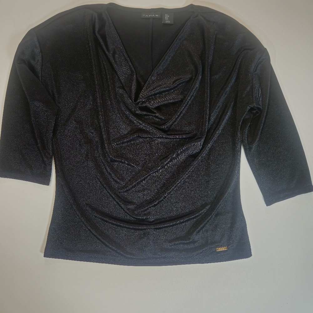 Tahari Shirt Womens Small Black Cowl Neck Whimsy Goth Draped Blouse Dressy Party